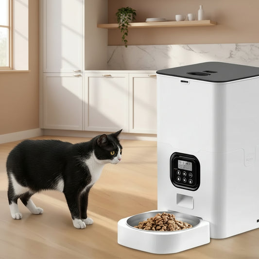 Tuxedo cat next to an automatic pet feeder with text about individual meal plans.