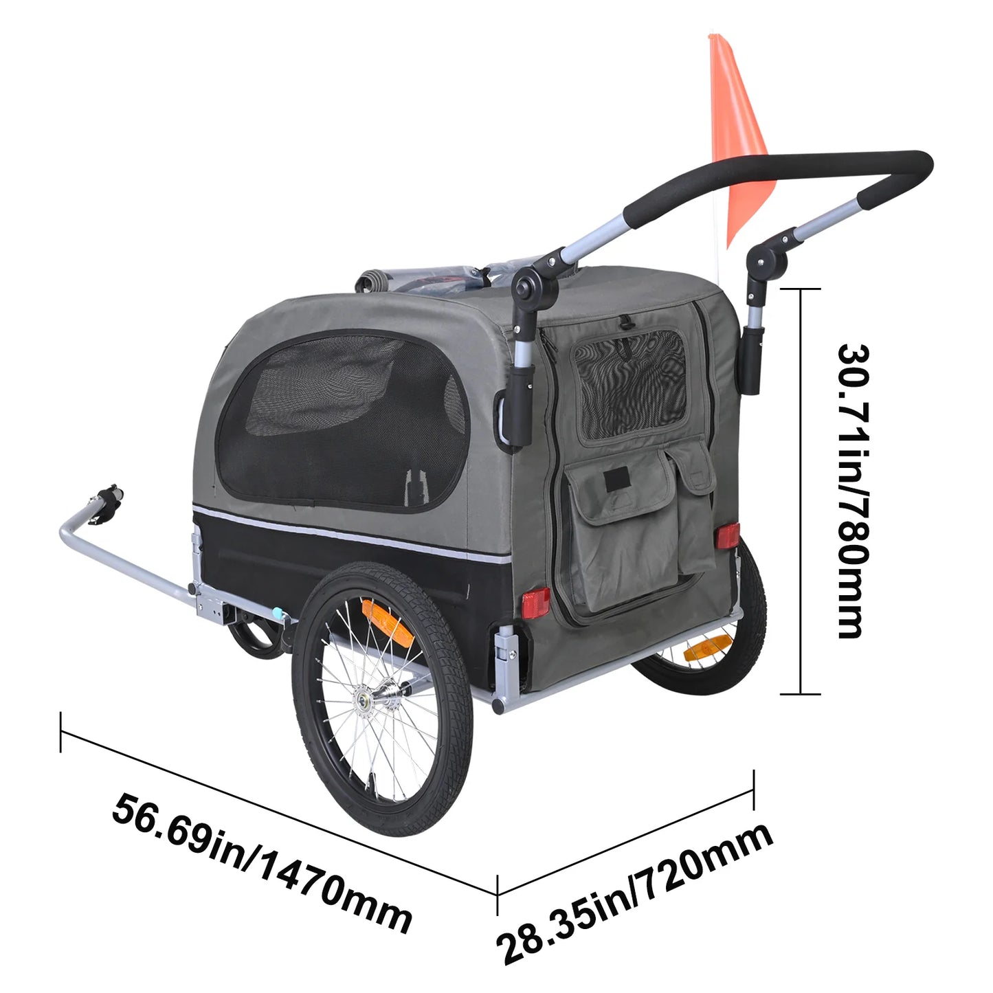 Dog Bike Trailer, Supports up to 88 Lbs, 2-In-1 Pet Stroller Cart Bicycle Carrier, Easy Folding Cart Frame with Quick Release Wheels, Universal Bicycle Coupler, Reflectors, Flag, Black/Gray
