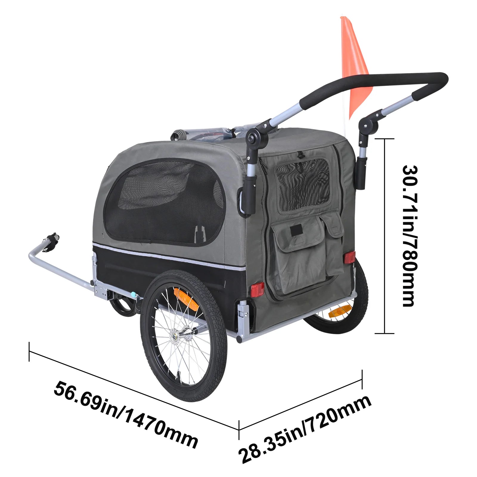 Dog Bike Trailer, Supports up to 88 Lbs, 2-In-1 Pet Stroller Cart Bicycle Carrier, Easy Folding Cart Frame with Quick Release Wheels, Universal Bicycle Coupler, Reflectors, Flag, Black/Gray