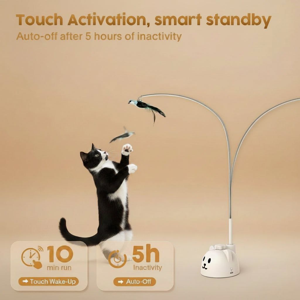 Cat playing with a touch-activated cat toy in a home setting