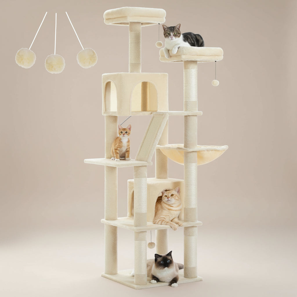 Cat tree with two cats on a beige background