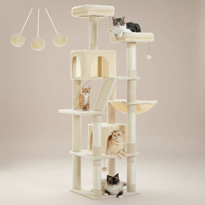 Cat tree with two cats on a beige background