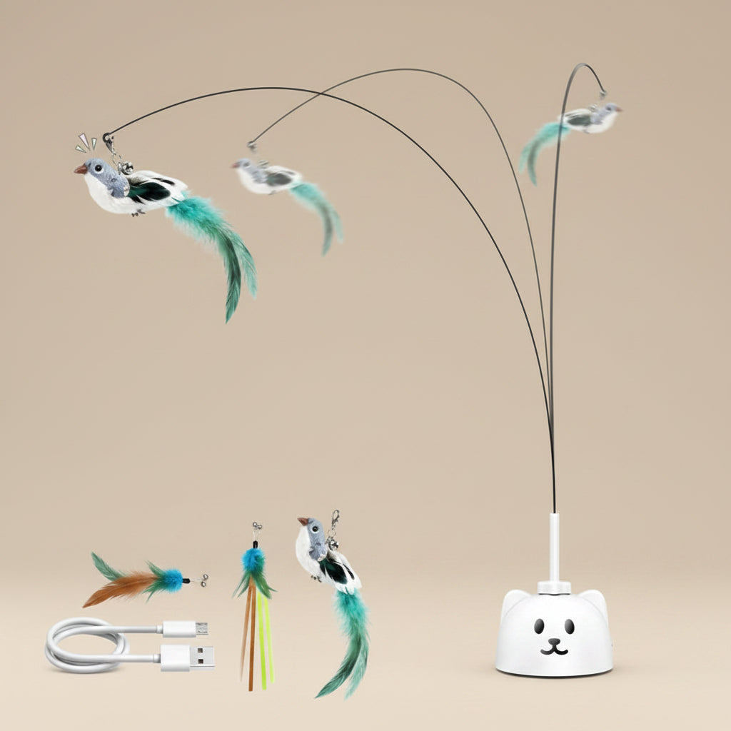 White Cat toy with moving parts on a beige background