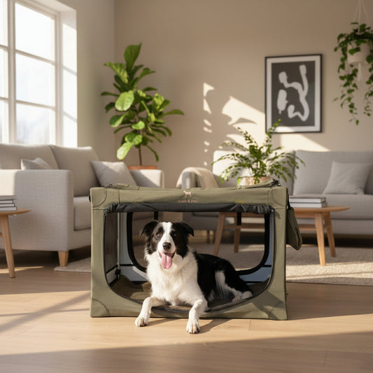 Dog in a portable pet crate on a wooden floor with a couch and decorative items in the background.