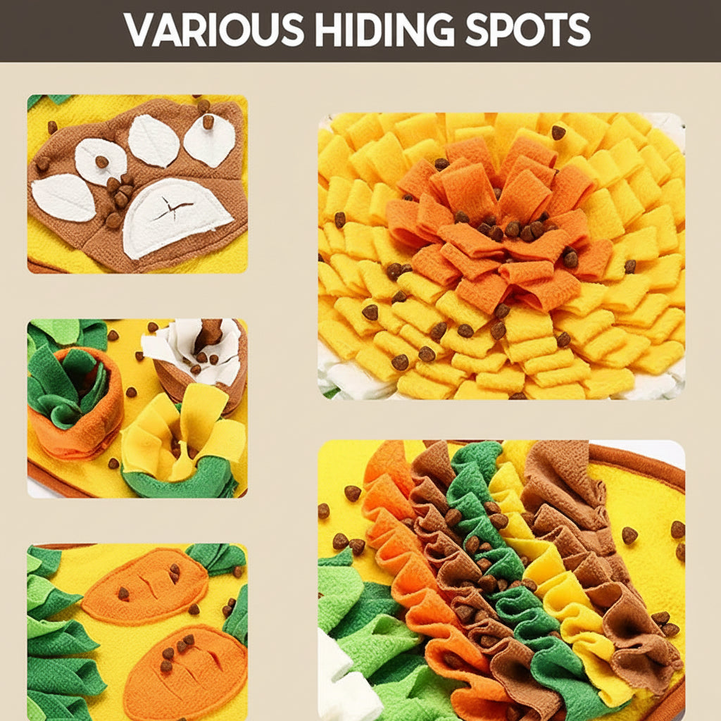 Colorful felt craft pieces shaped like a sunflower with various hiding spots on a white background.