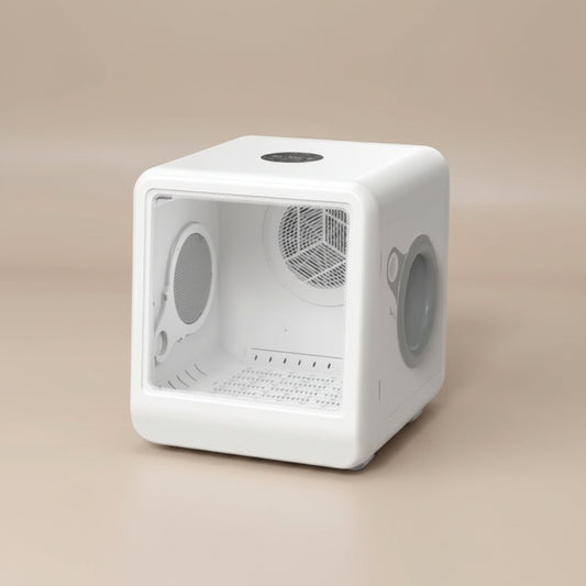 White pet dryer room/box with gray circular components on a beige background