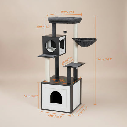 Cat tree with dimensions labeled on a white background