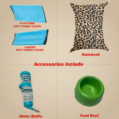 Collection of pet accessories including a platform soft fabric cover, ladder soft fabric cover, hammock, water bottle, and food bowl on a white background.