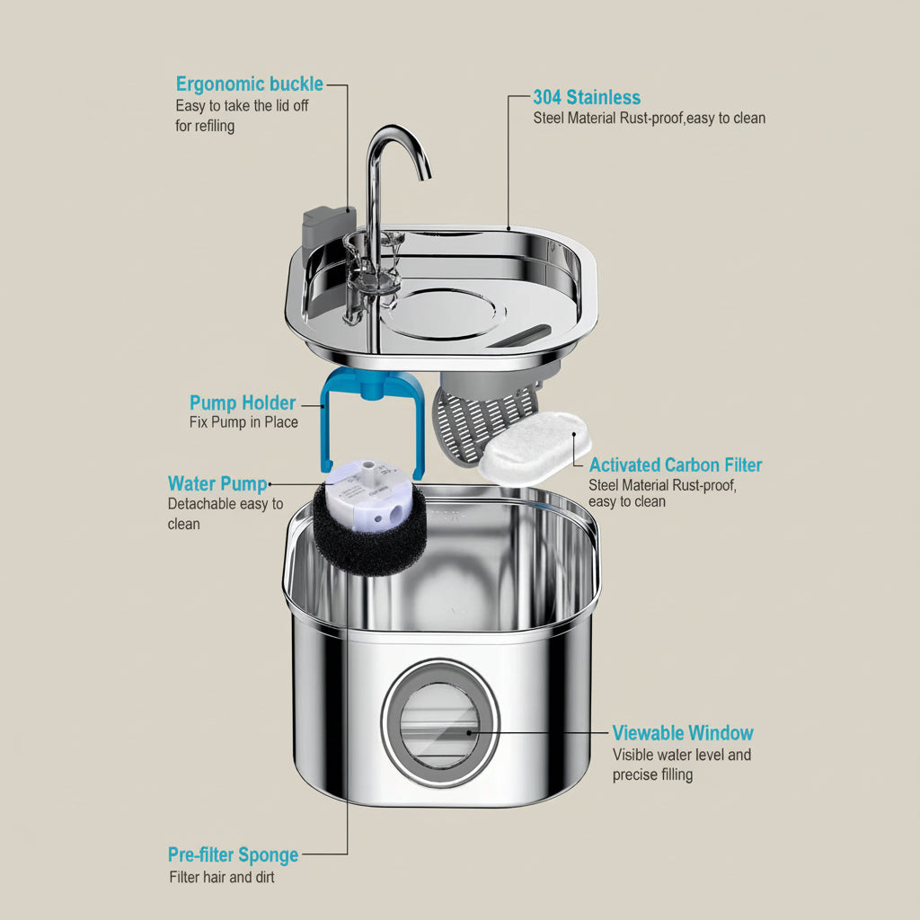 Stainless steel water filter with labeled parts on a beige background