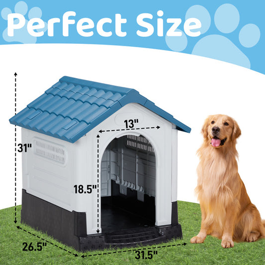 Plastic Dog House - Weather-Resistant Elevated Floor Indoor Outdoor Pet Shelter with Ventilation System