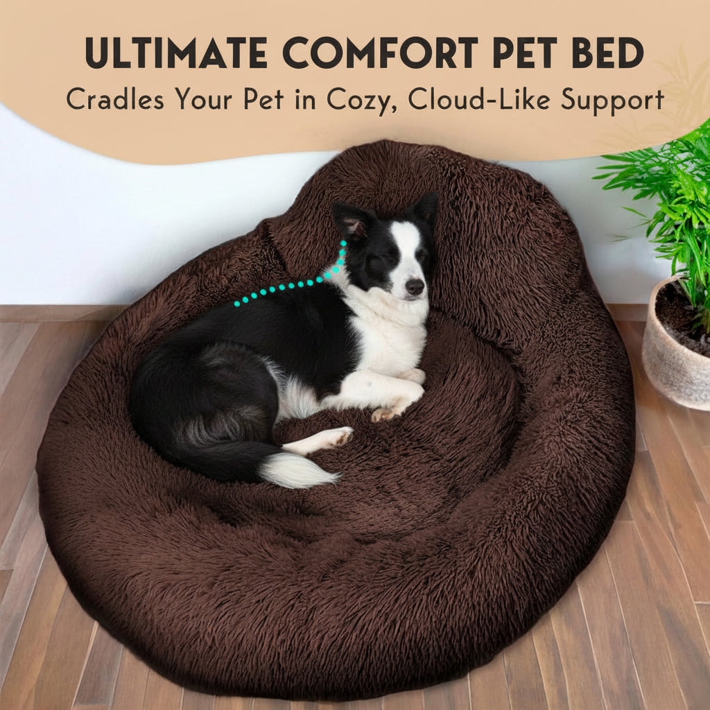 Dog resting on a brown support pillow with text about comfort and head/neck support.