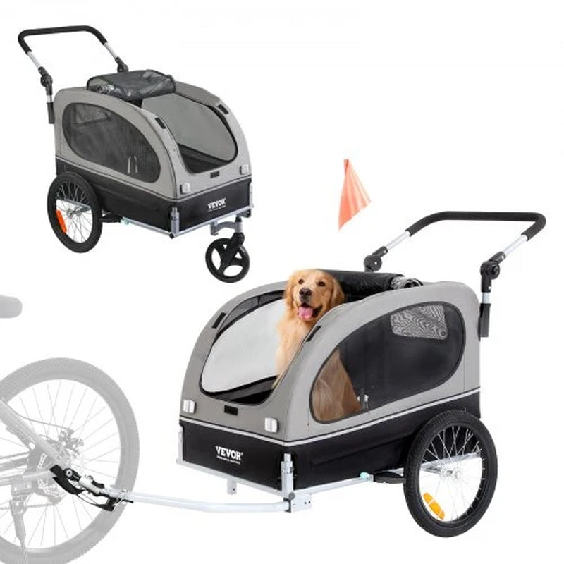 Dog Bike Trailer, Supports up to 88 Lbs, 2-In-1 Pet Stroller Cart Bicycle Carrier, Easy Folding Cart Frame with Quick Release Wheels, Universal Bicycle Coupler, Reflectors, Flag, Black/Gray