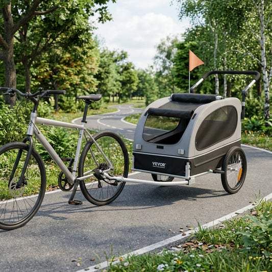 Dog bike trailer attached to a bicycle, on a bike path.