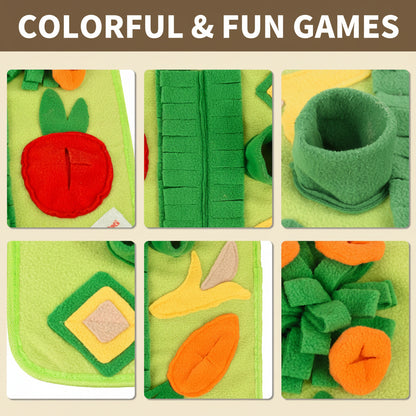 Collage of colorful felt food pieces with text 'Colorful & Fun Games' on a brown background.
