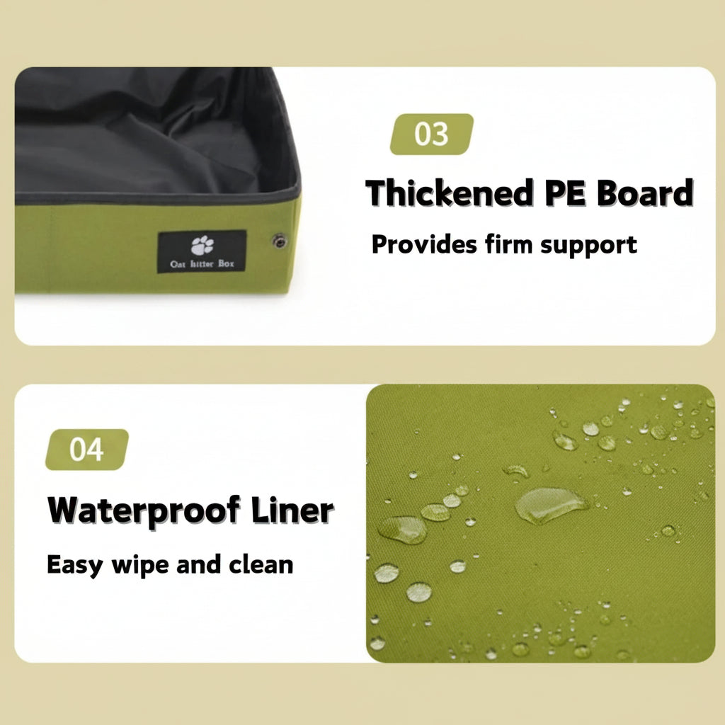 Green bag with text highlighting thickened PE board and waterproof liner features.