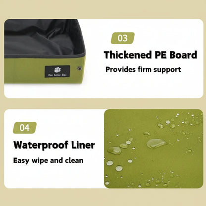 Green bag with text highlighting thickened PE board and waterproof liner features.