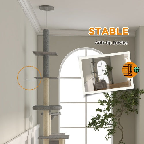 PawHut Cat Tree with Litter Box Enclosure - 2 in 1 Floor to Ceiling Cat Tower Litter Box Furniture with Condo, Bed, Hammock, Scratching Posts, and Platforms for Indoor Use, Gray