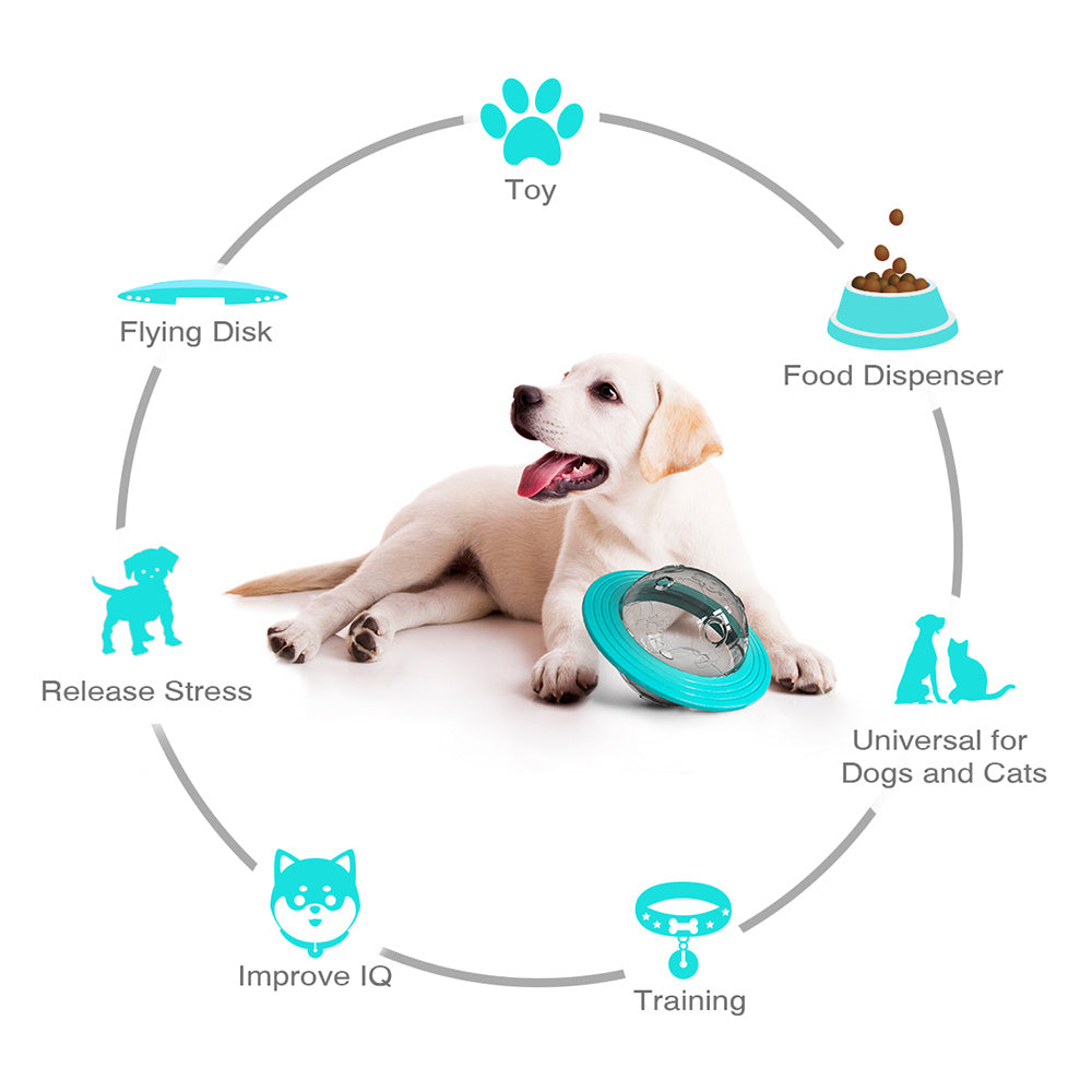 Dog with a toy and various benefits listed around it on a white background