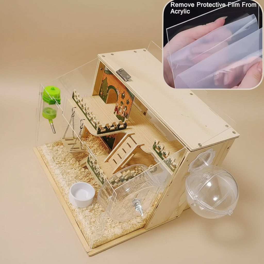 Wooden pet playpen with transparent acrylic panels, showing assembly instructions.