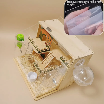 Wooden pet playpen with transparent acrylic panels, showing assembly instructions.