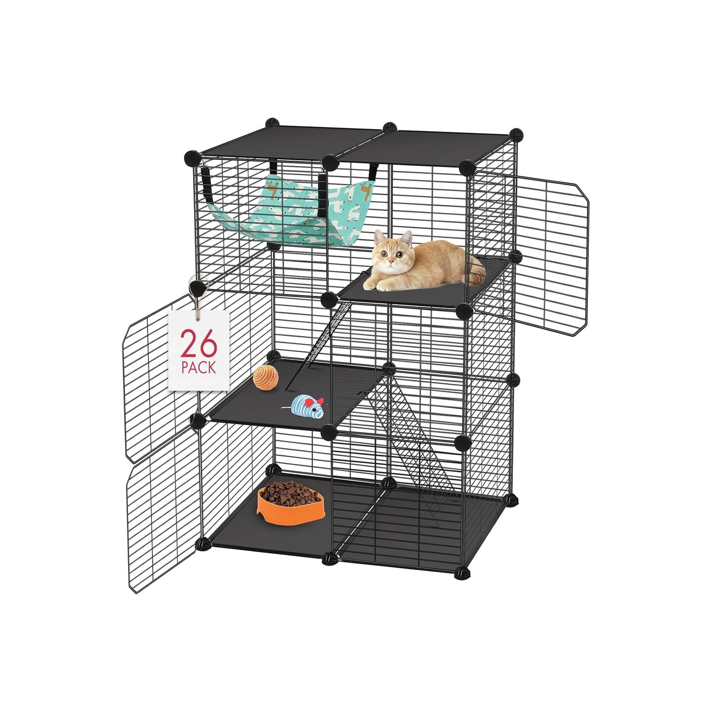 Cat Cage, 3-Tier DIY Catio Cat Enclosures, 24" X 16" X 36" Cat Playpen Indoor & Outdoor with Hammock, Detachable Metal Wire Kennel Cats Crate, 2X1X3 Exercise Place for 1-2 Cats/Kitten
