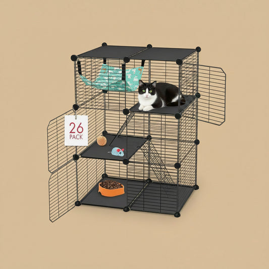 Pet cage with multiple levels and a cat inside on a beige background