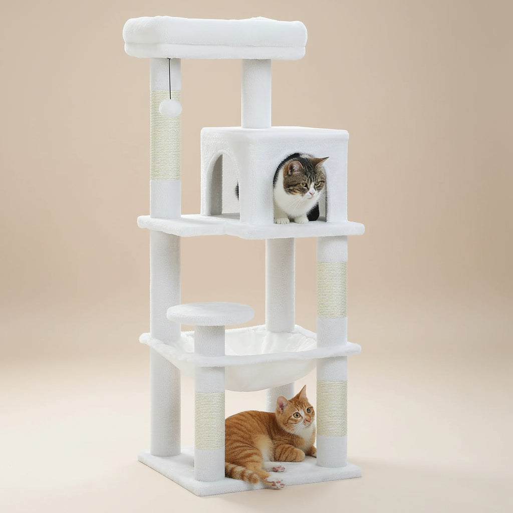 White cat tree with two cats on a white background
