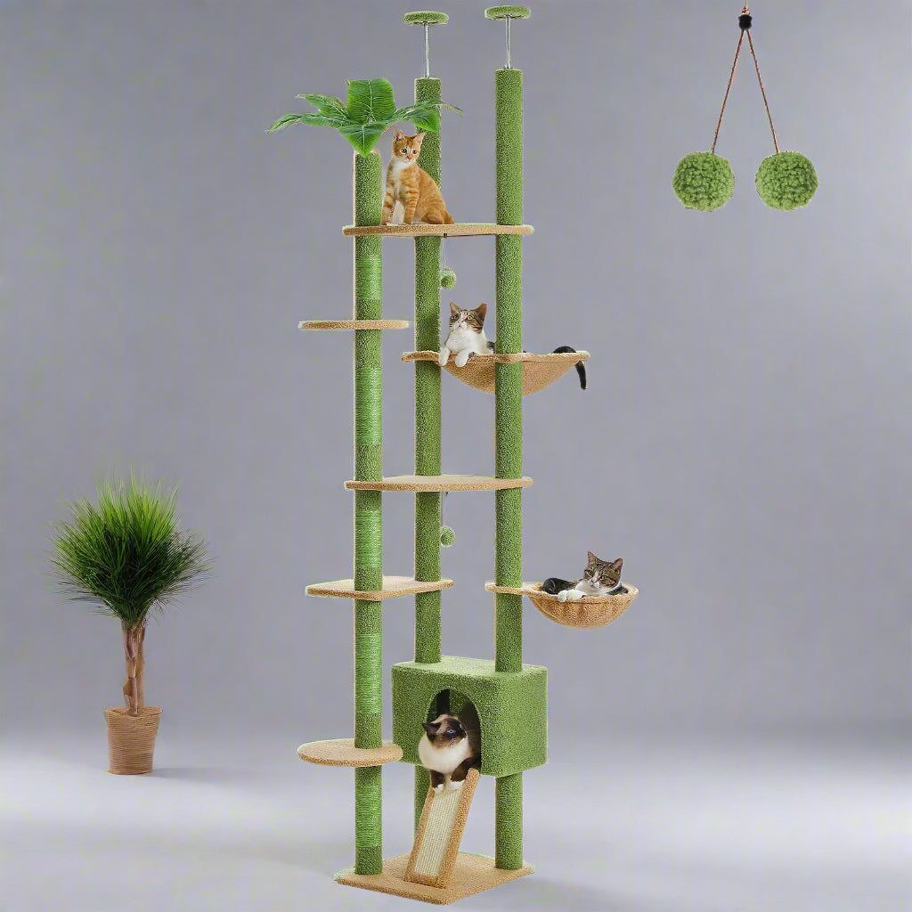 Cactus Cat Tree Floor to Ceiling Cat Tower Adjustable Height with Cat Condo Cozy Hammock and Scratching Post Tall Activity Tree