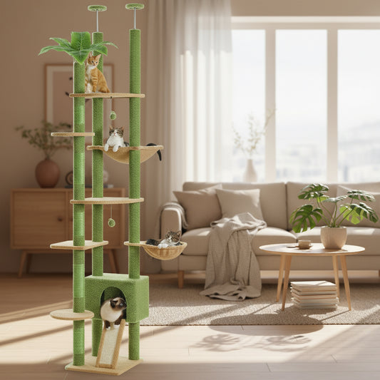 Cactus Cat Tree Floor to Ceiling Cat Tower Adjustable Height with Cat Condo Cozy Hammock and Scratching Post Tall Activity Tree