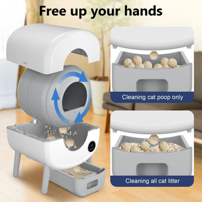 Cat litter disposal device with text 'Free up your hands' and 'Cleaning cat poop only' on a neutral background.