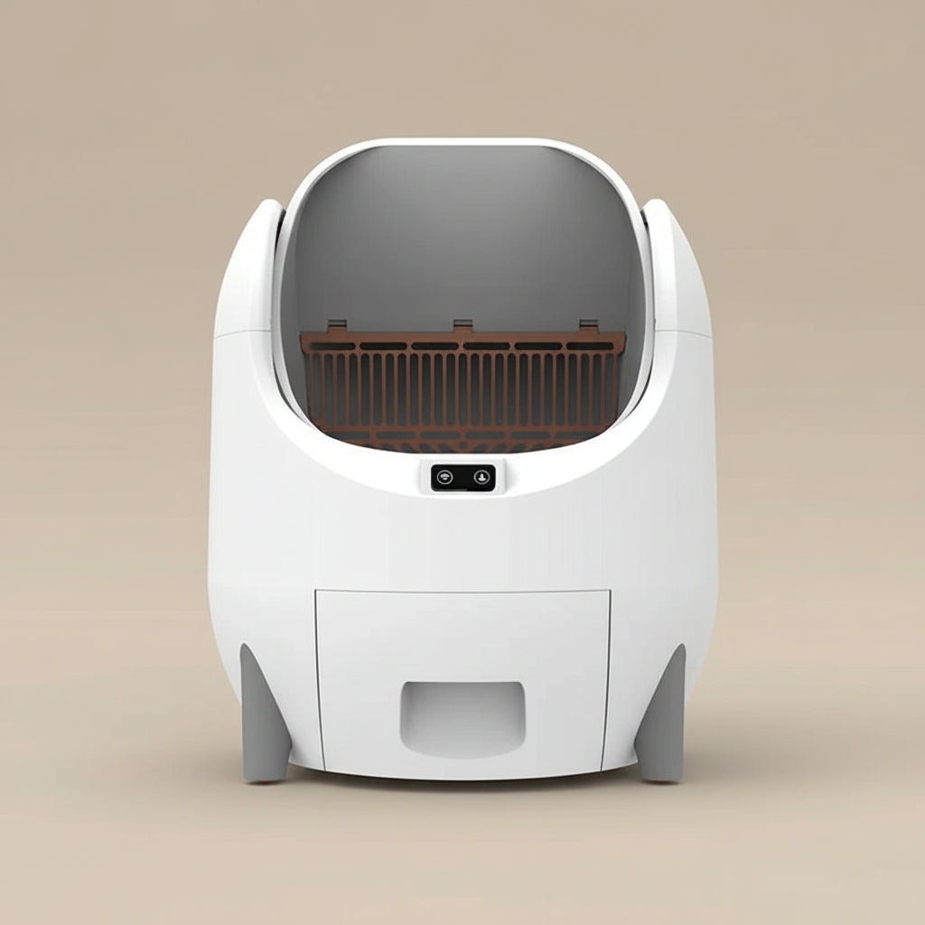 White and gray pet litter box with a brown interior on a beige background