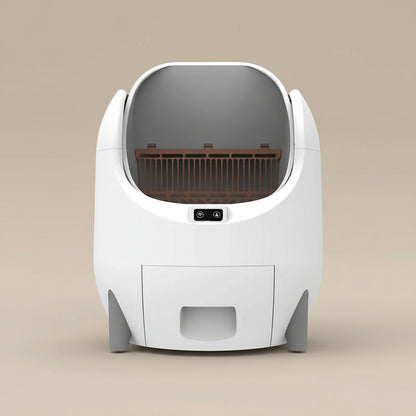 White and gray pet litter box with a brown interior on a beige background