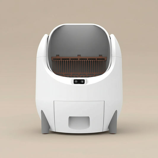 White and gray pet litter box with a brown interior on a beige background