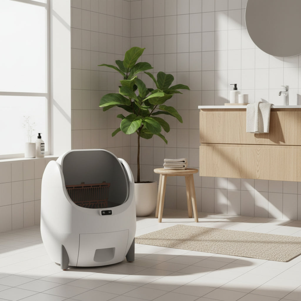 Modern pet litter box with a white exterior and brown interior in a washroom setting.