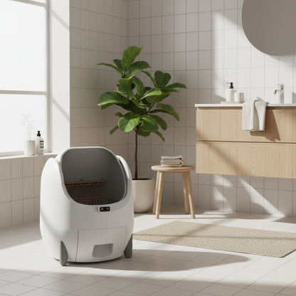 Modern pet litter box with a white exterior and brown interior in a washroom setting.