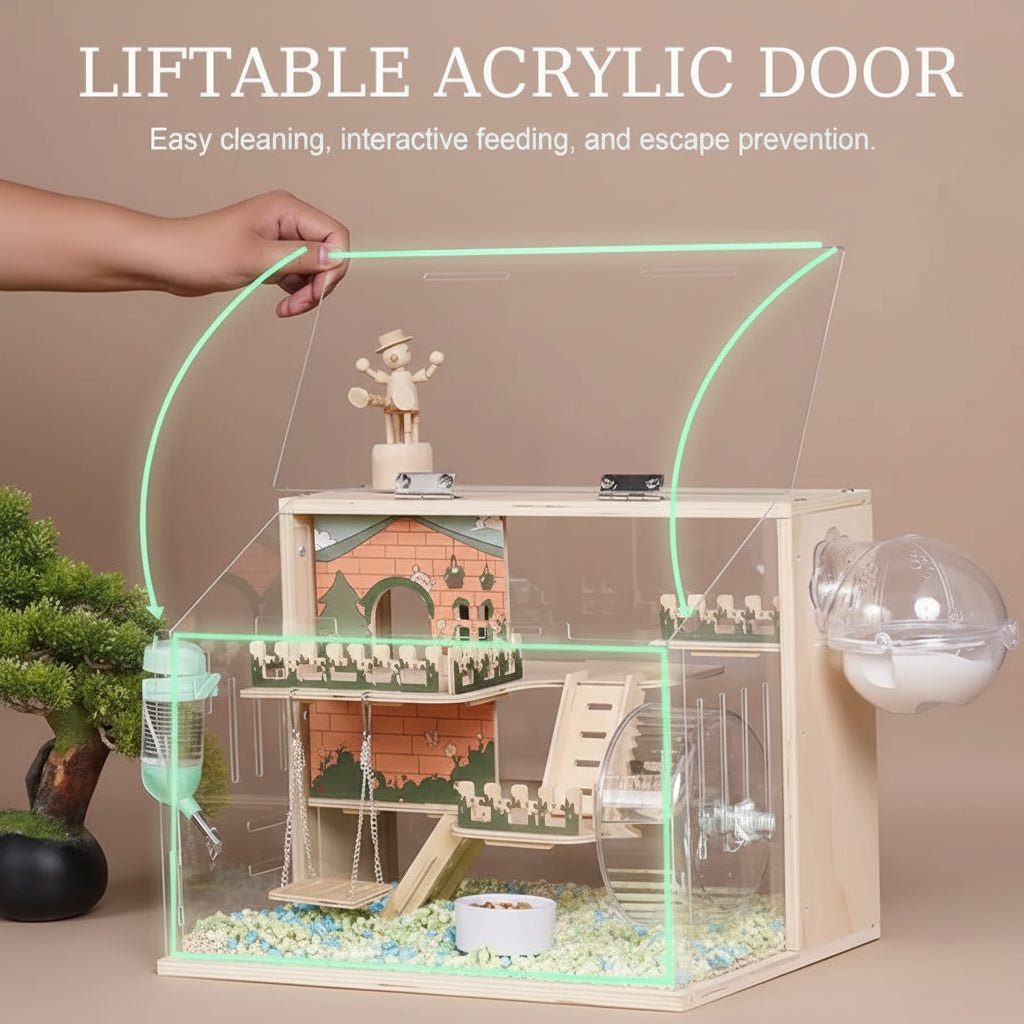 Pet habitat with liftable acrylic door on a wooden surface.
