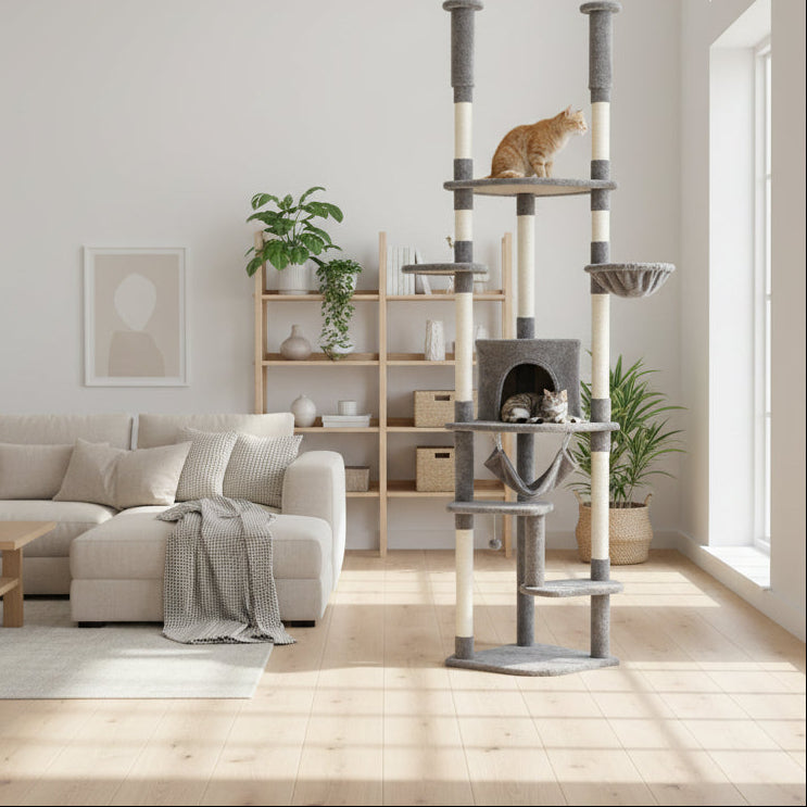 Cat tree with multiple levels and a cat sitting on it in a living room setting.