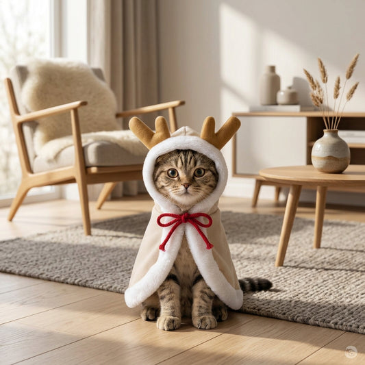 A plush theme beige color, featuring a white faux-fur body, white faux-fur trim, a red ribbon bow, and tan reindeer antlers on top, set against a plain white background.