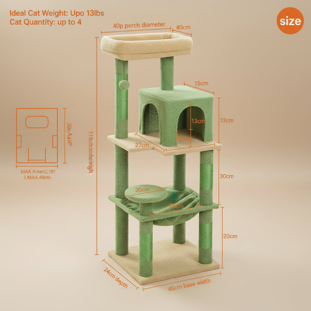 Cat tree with dimensions and specifications on a white background