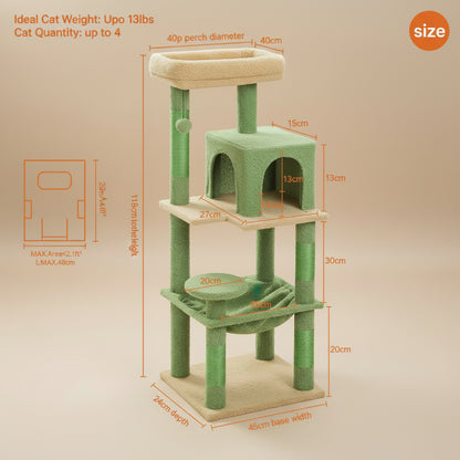 Cat tree with dimensions and specifications on a white background