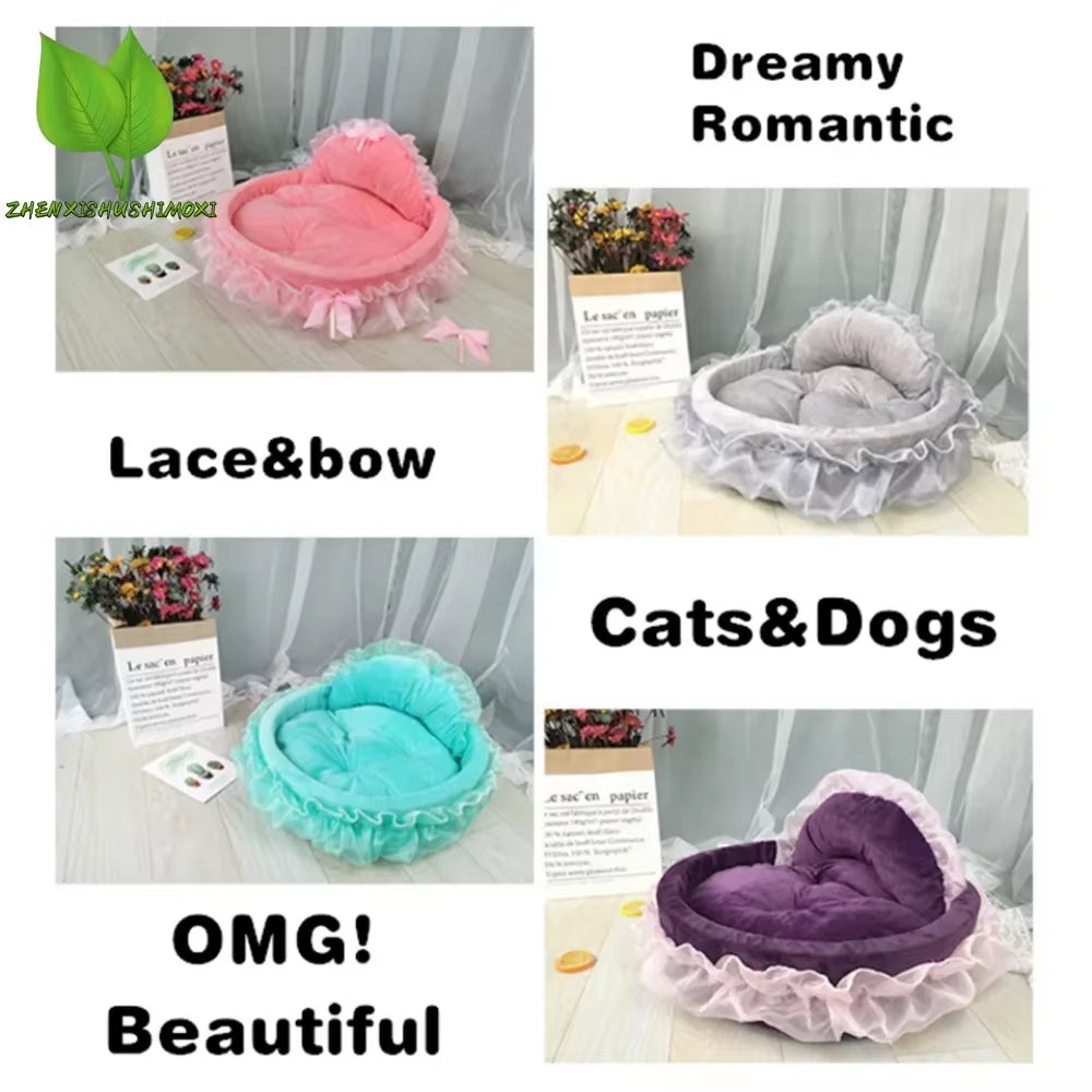3D Fantasy Bow Lace Pet Bed for Dogs Romantic Detachable Oval Princess Pet Bed Dog Soft Sofa Nest Pet Wedding Furniture 1Pc