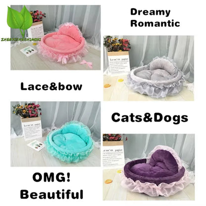 3D Fantasy Bow Lace Pet Bed for Dogs Romantic Detachable Oval Princess Pet Bed Dog Soft Sofa Nest Pet Wedding Furniture 1Pc
