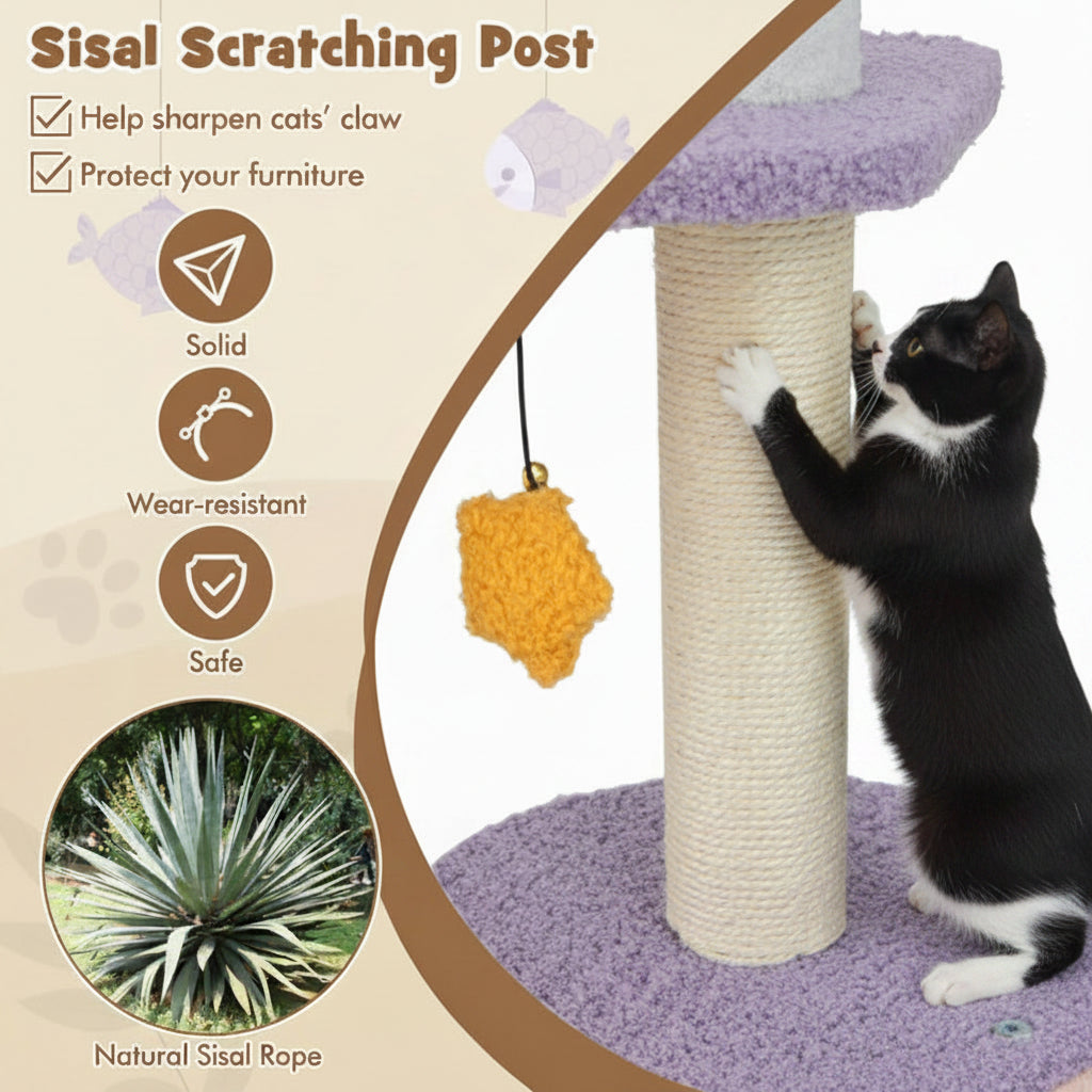 Cat scratching post with sisal rope, cat toy, and text highlighting features on a beige background