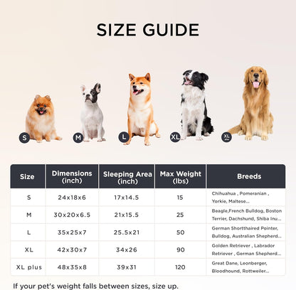 Size guide for pet beds with images of dogs and corresponding dimensions.