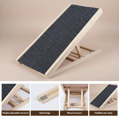Foldable pet ramp with wooden structure and textured surface on a beige background