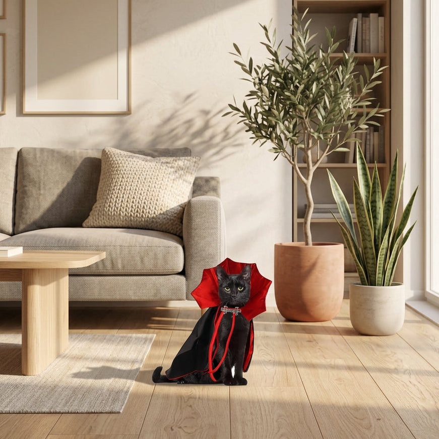 Black cat wearing a red and black vampire cape in a living room setting