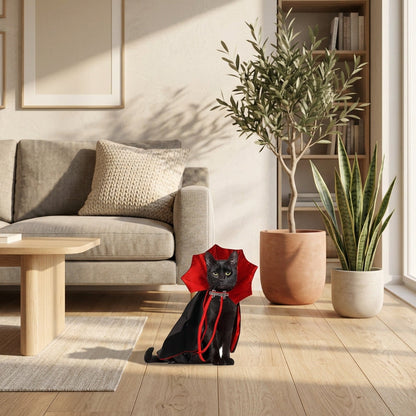 Black cat wearing a red and black vampire cape in a living room setting