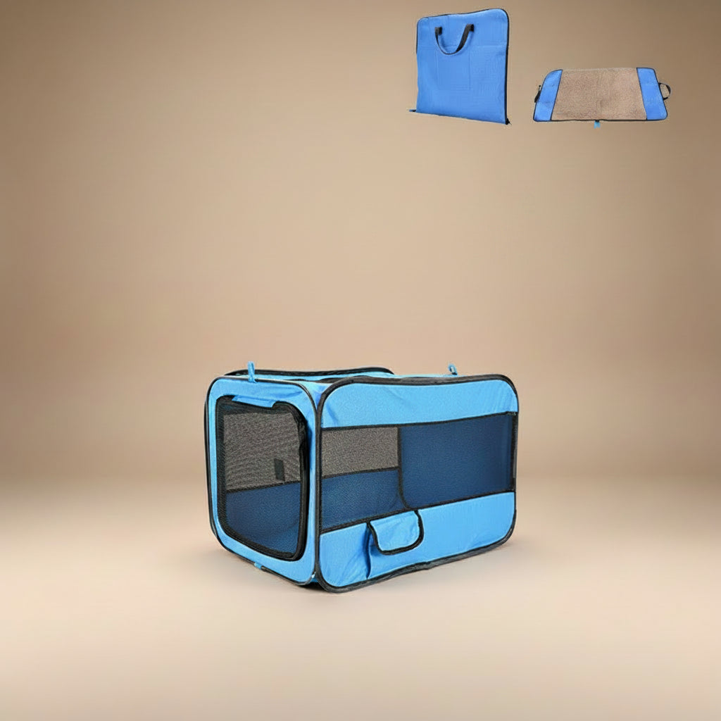 Blue pet crate displayed on a beige background