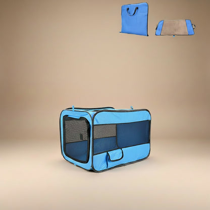 Blue pet crate displayed on a beige background