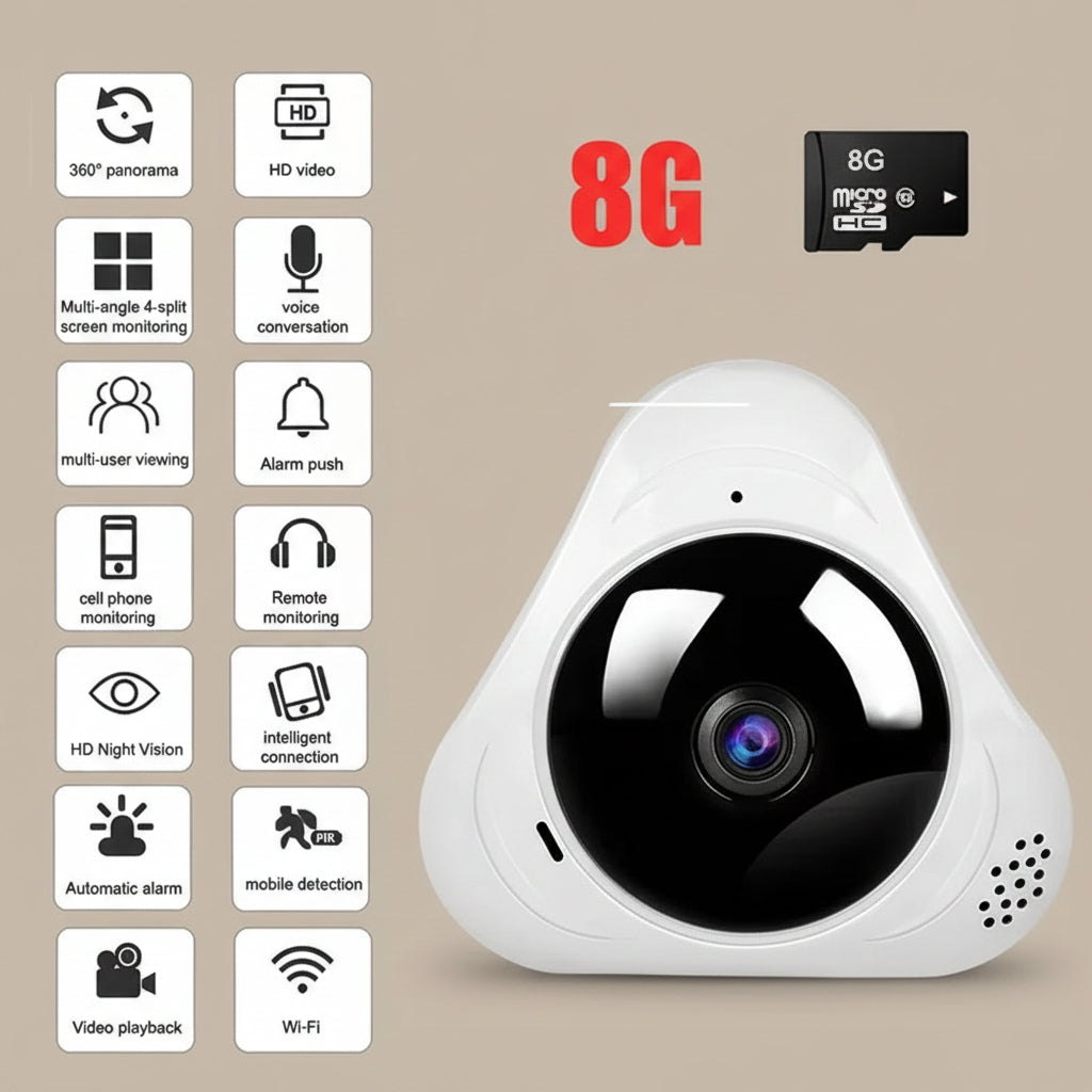 White security camera with features listed on a white background